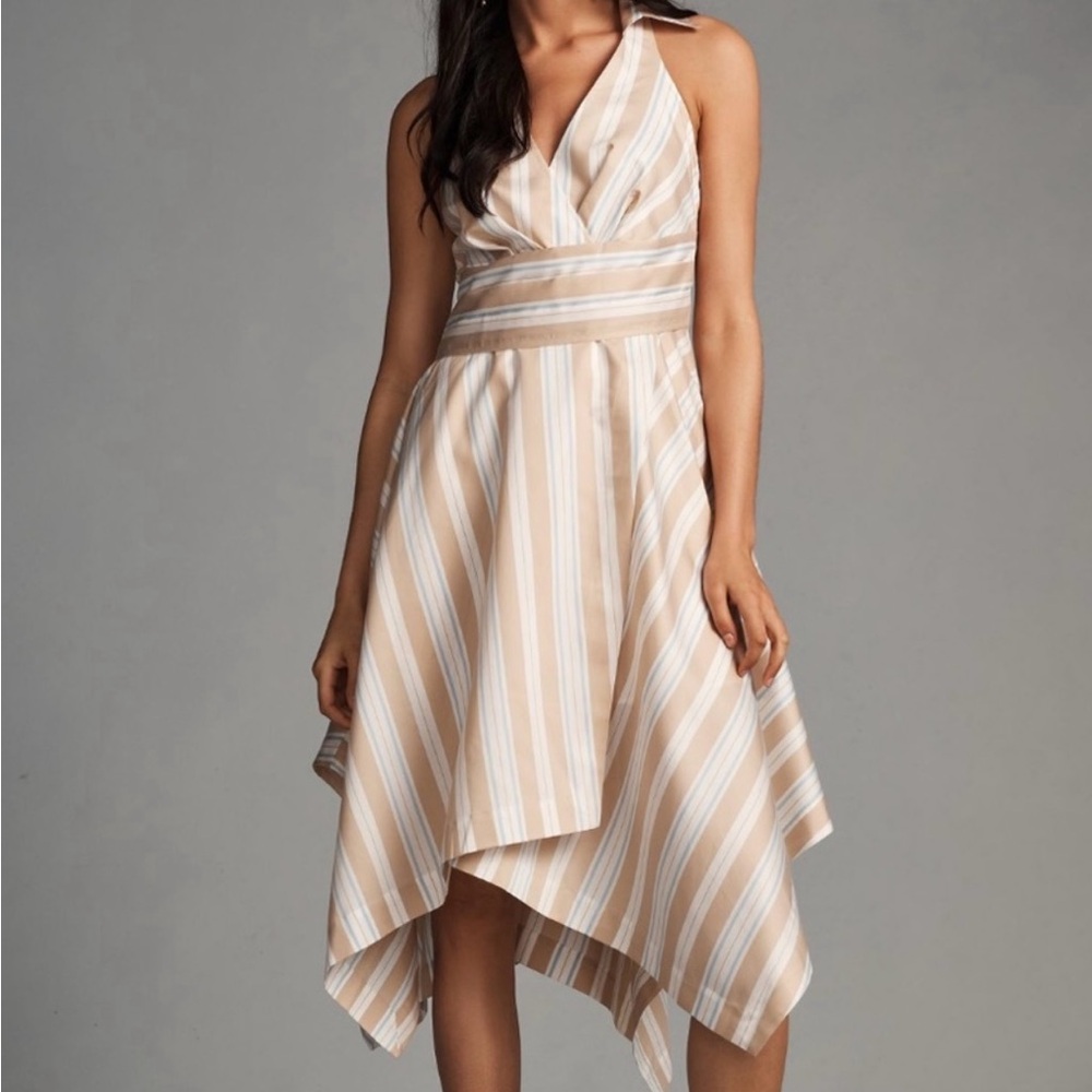 Anthropologie Beige and White Striped Asymmetrical Halter Dress